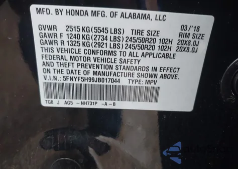 2018 Honda Pilot Touring z USA, uszkodzony, nr VIN 5FNYF5H99JB017044